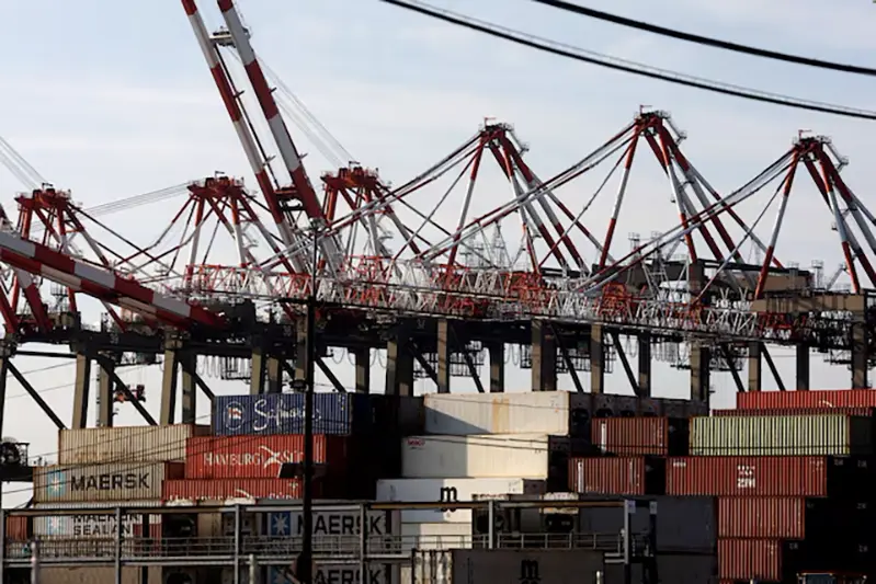 Containers are stacked beneath cranes at Port Newark Container Terminal in Newark, New Jersey, U.S., October 4, 2024. REUTERS/Mike Segar/File Photo