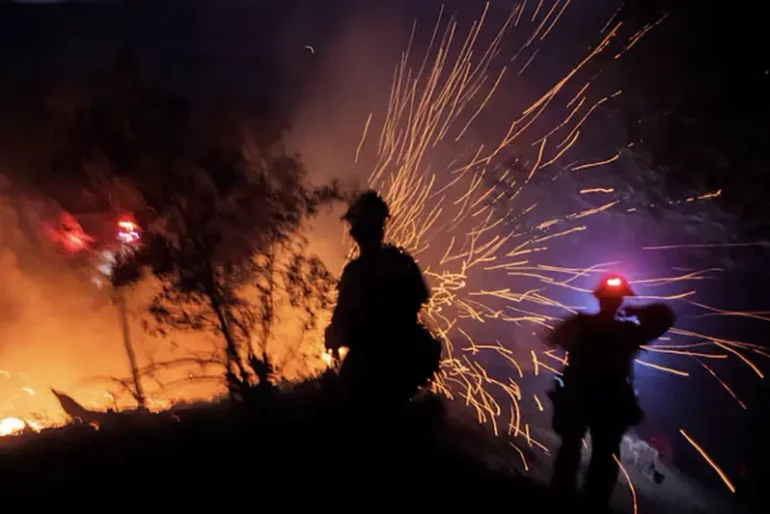 The wind whips embers while firefighters battle the fire in the Angeles National Forest near Mt. Wilson as the wildfires burn in the Los Angeles area, during the Eaton Fire in Altadena, California, U.S. January 9, 2025. REUTERS/Ringo Chiu