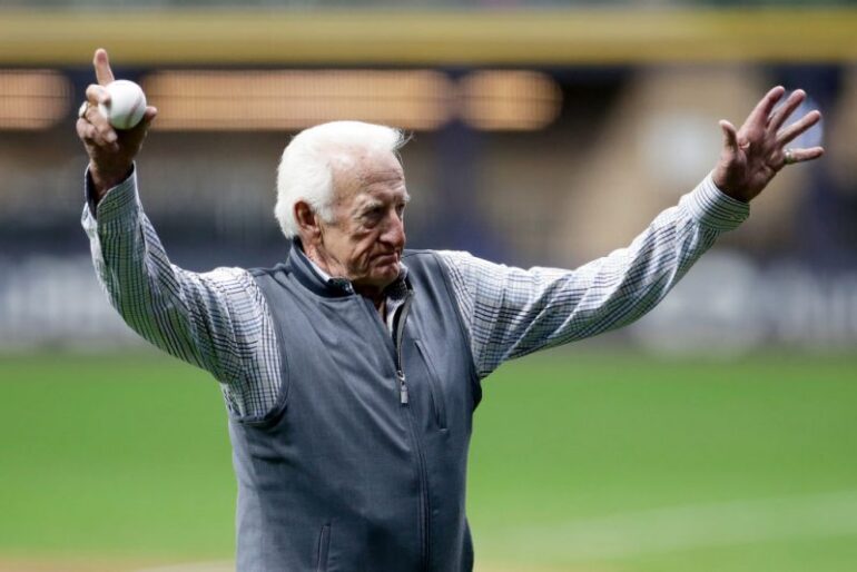 MILWAUKEE, WISCONSIN - SEPTEMBER 25: Bob Uecker is honored for 50 years of broadcasting before the game at American Family Field on September 25, 2021 in Milwaukee, Wisconsin. (Photo by John Fisher/Getty Images)