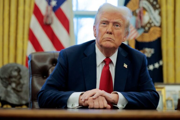 WASHINGTON, DC - JANUARY 30: U.S. President Donald Trump talks to reporters from the Resolute Desk after signing an executive order to appoint the deputy administrator of the Federal Aviation Administration in the Oval Office at the White House on January 30, 2025 in Washington, DC. Trump also signed a memorandum ordering an immediate assessment of aviation safety and ordering an elevation of what he called “competence” over “D.E.I.” (Photo by Chip Somodevilla/Getty Images)