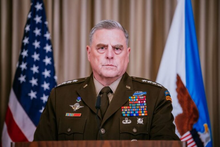 RAMSTEIN-MIESENBACH, GERMANY - SEPTEMBER 08: General Mark Milley attends a press conference after a meeting of the Ukraine Defence Contact Group at the U.S. military's Ramstein air base on September 08, 2022 in Ramstein-Miesenbach, Germany. The Ukraine Defence Contact Group is a U.S.-led effort to bring together defense leaders from dozens of countries across the globe in order to facilitate military support for Ukraine in its ongoing efforts in fighting Russia's military invasion. (Photo by Thomas Niedermueller/Getty Images)