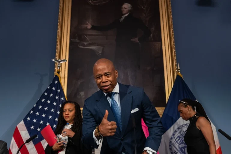 NEW YORK, NEW YORK - JUNE 11: New York City Mayor Eric Adams arrives for a press conference at City Hall, in front of a painting of Alexander Hamilton, on June 11, 2024 in New York City. A grand jury is reportedly currently reviewing evidence in the federal corruption probe into Mayor Eric Adams' 2021 campaign fundraising. (Photo by Adam Gray/Getty Images)