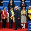 US President Donald Trump greets relatives of Israeli hostages taken by Hamas during the inaugural parade inside Capital One Arena, in Washington, DC, on January 20, 2025. (Photo by ANGELA WEISS / AFP) (Photo by ANGELA WEISS/AFP via Getty Images)