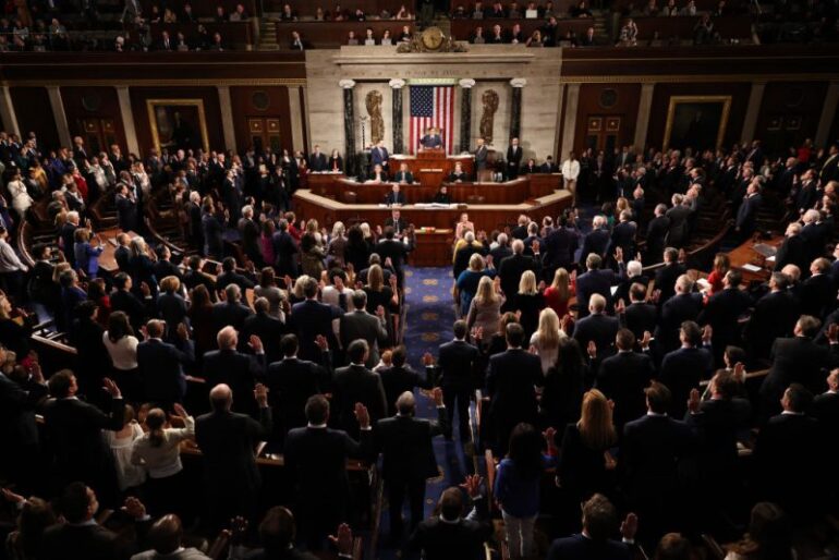 WASHINGTON, DC - JANUARY 03: U.S. Representatives of the 119th Congress are sworn in during the first day of session in the House Chamber of the U.S. Capitol Building on January 03, 2025 in Washington, DC. Rep. Mike Johnson (R-LA) retained his Speakership in the face of opposition within his own party as the 119th Congress holds its first session to vote for a new Speaker of the House. (Photo by Chip Somodevilla/Getty Images)