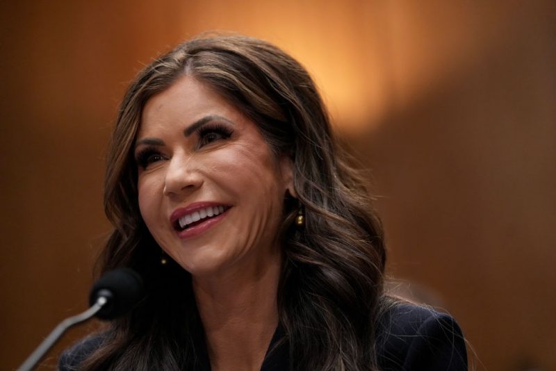 WASHINGTON, DC - JANUARY 17: South Dakota Gov. Kristi Noem, President-elect Donald Trump's nominee for Secretary of the Department of Homeland Security, speaks during her confirmation hearing before the Homeland Security and Governmental Affairs Committee on Capitol Hill on January 17, 2025 in Washington, DC. Noem is expected to face questions about the incoming Trump administration's plans to crack down on illegal immigration. (Photo by Eric Thayer/Getty Images)