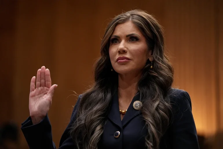 WASHINGTON, DC - JANUARY 17: South Dakota Gov. Kristi Noem, President-elect Donald Trump’s nominee for Secretary of the Department of Homeland Security, is sworn in during her confirmation hearing before the Homeland Security and Governmental Affairs Committee on Capitol Hill on January 17, 2025 in Washington, DC. Noem is expected to face questions about the incoming Trump administration’s plans to crack down on illegal immigration. (Photo by Eric Thayer/Getty Images)