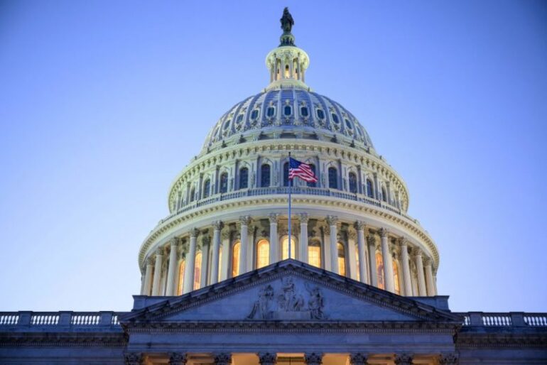 TOPSHOT - The dome of the US Capitol is seen at dusk in Washington, DC on November 13, 2023. (Photo by Mandel NGAN / AFP) (Photo by MANDEL NGAN/AFP via Getty Images)