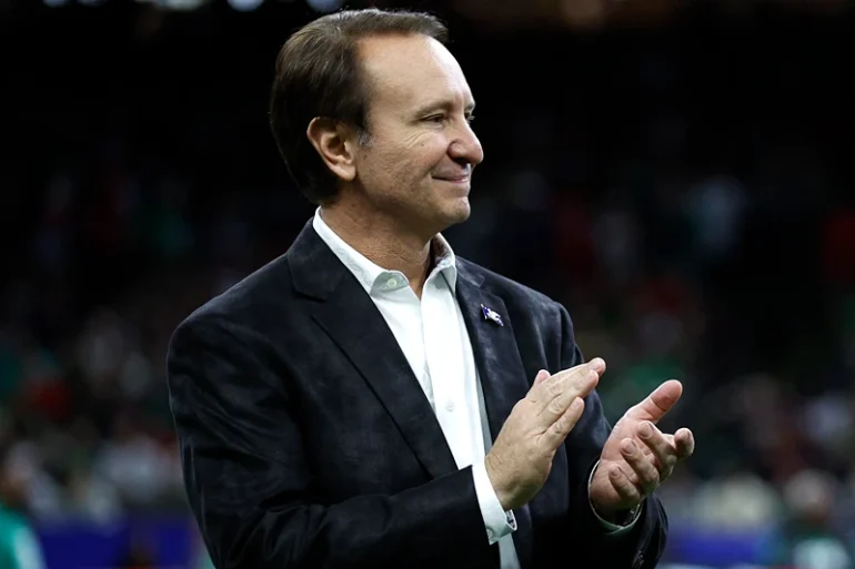 New Orleans Mayor Latoya Cantrell and Louisiana Governor Jeff Landry are seen on the field prior to the 91st Allstate Sugar Bowl between the Georgia Bulldogs and the Notre Dame Fighting Irish at Caesars Superdome on January 02, 2025 in New Orleans, Louisiana. (Photo by Sean Gardner/Getty Images)