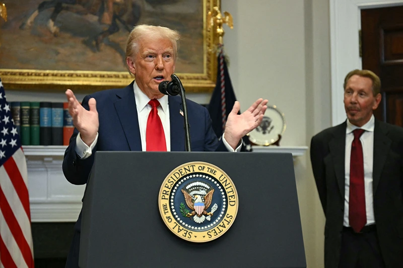 Larry Ellison, Executive Charmain Oracle listens to US President Donald Trump speak in the Roosevelt Room at the White House on January 21, 2025, in Washington, DC. (Photo by Jim WATSON / AFP) (Photo by JIM WATSON/AFP via Getty Images)