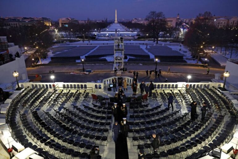 WASHINGTON, DC - JANUARY 12: Members of a military honor guard take part in a rehearsal for inauguration on the West Front of the U.S. Capitol on January 12, 2025 in Washington, DC. U.S. President-elect Donald Trump and Vice President-elect JD Vance will be sworn in on January 20. (Photo by Kevin Dietsch/Getty Images)