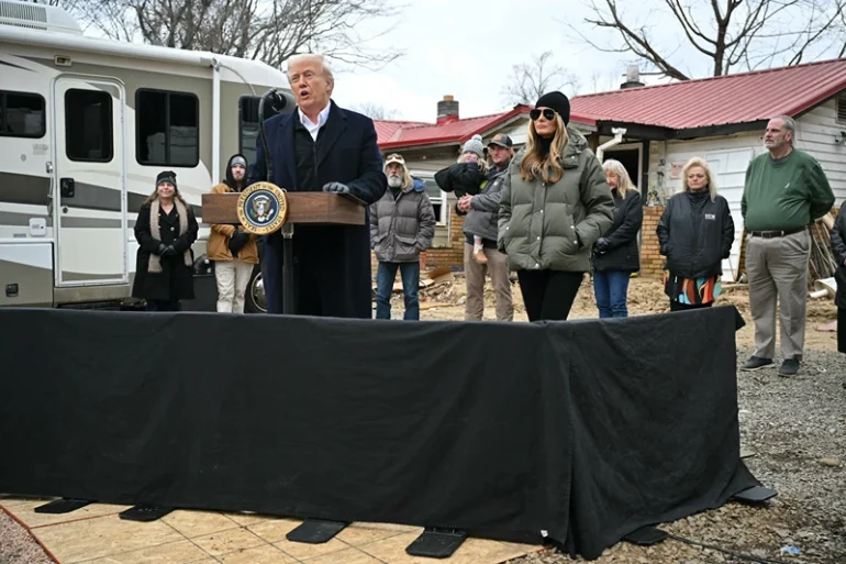 US President Donald Trump speaks while visiting a neighborhood affected by Hurricane Helene in Swannanoa, North Carolina, on January 24, 2025. (Photo by Mandel NGAN / AFP) (Photo by MANDEL NGAN/AFP via Getty Images)