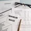 Documents and glasses on table with "Minimum Wage" paper