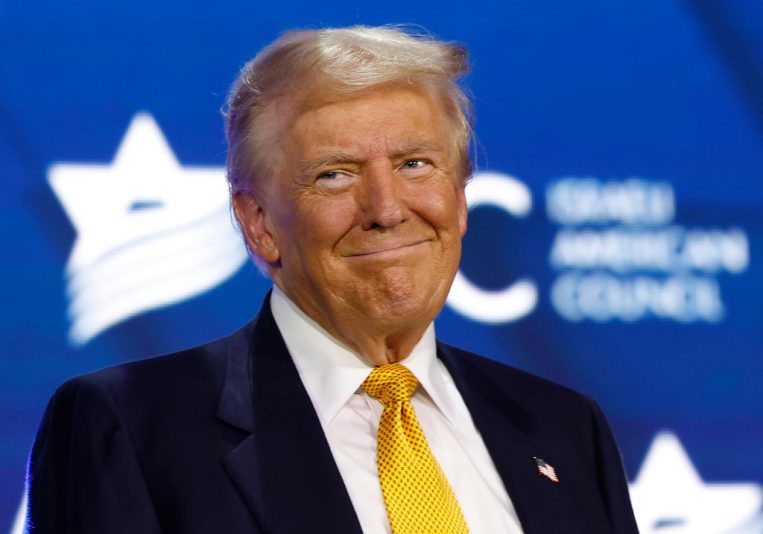 WASHINGTON, DC - SEPTEMBER 19: Republican presidential nominee former U.S. President Donald Trump speaks at the Israeli American Council National Summit at the Washington Hilton on September 19, 2024 in Washington, DC. Trump addressed the pro-Israel conference, stating that if he is not elected president Israel will be “eradicated” within two years. (Photo by Kevin Dietsch/Getty Images)