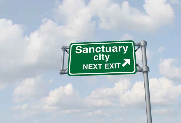 Green sign saying "Sanctuary City Next Exit."