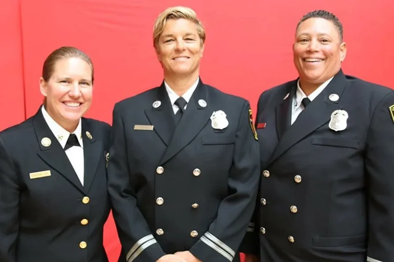 Kristina Crowley - First LGBTQ Fire Chief LAFD, Kristina Kepner - First Lesbian Assistant Chief LAFD, Kristine Larson - First Black Lesbian Equity Bureau Chief LAFD (Photo via: Los Angeles Fire Department)