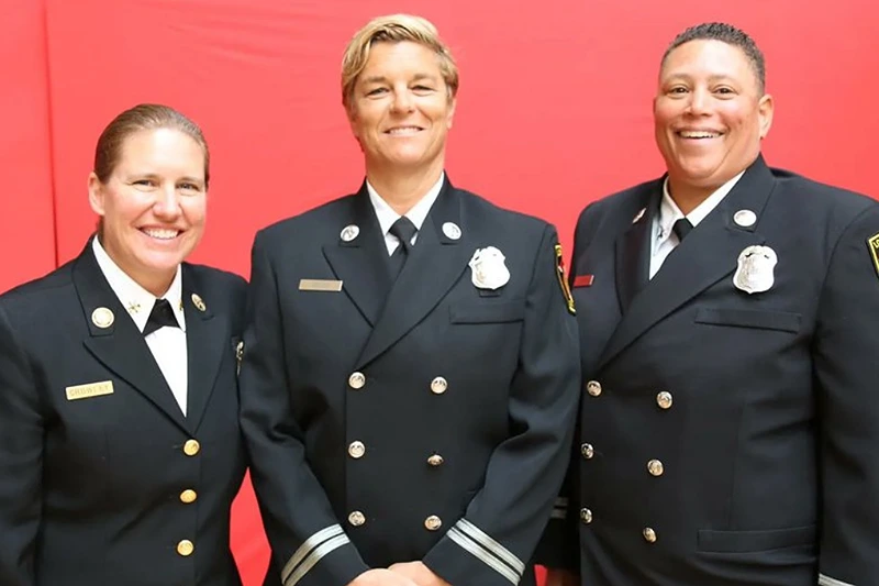 Kristina Crowley - First LGBTQ Fire Chief LAFD, Kristina Kepner - First Lesbian Assistant Chief LAFD, Kristine Larson - First Black Lesbian Equity Bureau Chief LAFD (Photo via: Los Angeles Fire Department)