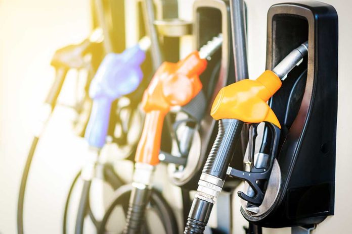 Colorful gas pump nozzles at a station