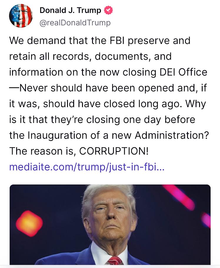 Politics: Trump Demands Fbi Save Records On Closed Dei Office