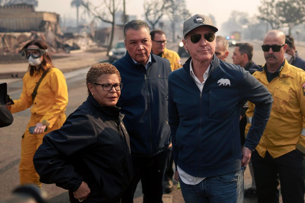 California Governor Gavin Newsom and Los Angeles Mayor Karen Bass tour the downtown business district of Pacific Palisades as the Palisades Fire continues to burn on January 8, 2025 in Los Angeles, California.