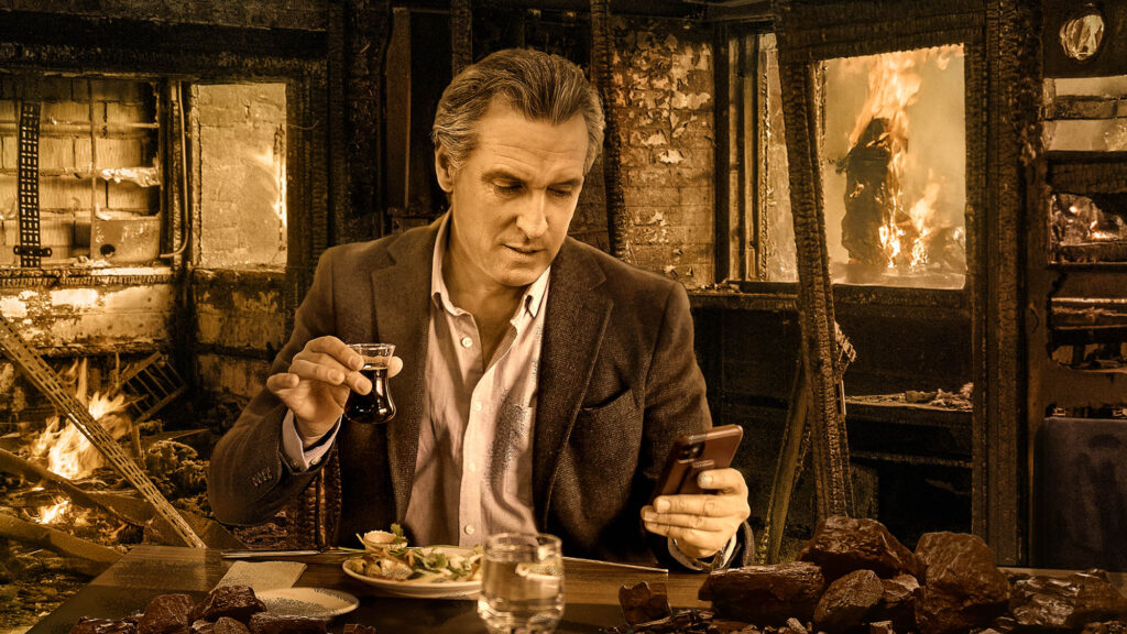 Satire News: Gavin Newsom Spotted Dining At Smoldering Remains Of