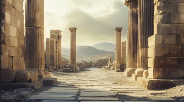 AI image of ancient ruins illuminated by the golden evening sun, showcasing classical Greco-Roman architecture of Greece in the Roman era.