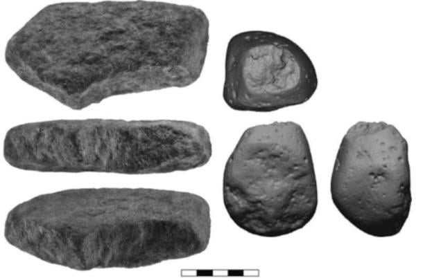 Stone anvil and hammerstone used to crush or grind plant-based foods that were found at the Gesher Benot Ya’akov site, photographed from different angles.