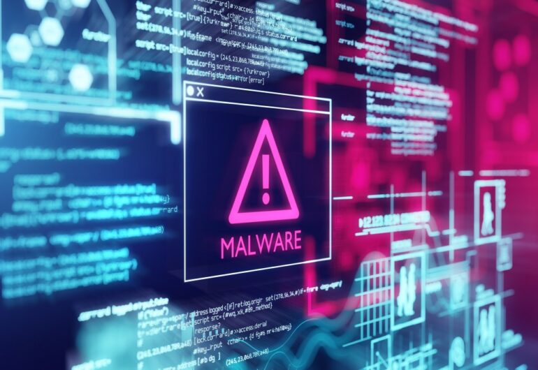 3D illustration of a computer screen showing program code and a malware detection warning