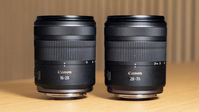 Canon RF 16-28mm F2.8 IS STM lens attached to a Canon EOS R8 on a wooden table