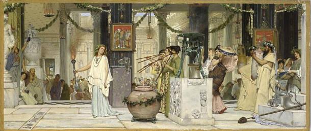 Painting by Lawrence Alma-Tadema from 1871, entitled ‘A Vintage Holiday,’ showing a holiday celebration in the villa of a prominent citizen of Pompeii in the first century AD.