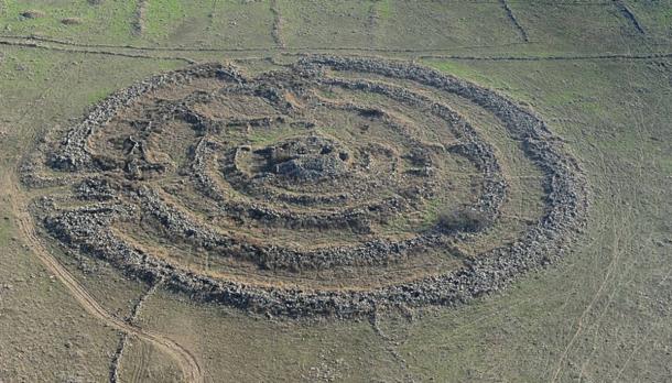 Megalithic stone circles of Rujm el-Hiri in the Golan Heights of Israel, constructed during the Early Bronze Age.