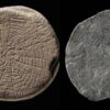 Two sun stones found on the Danish island of Bornholm in the Baltic Sea. The prehistoric artifacts are small, flat, shale pieces with finely incised patterns and sun motifs.