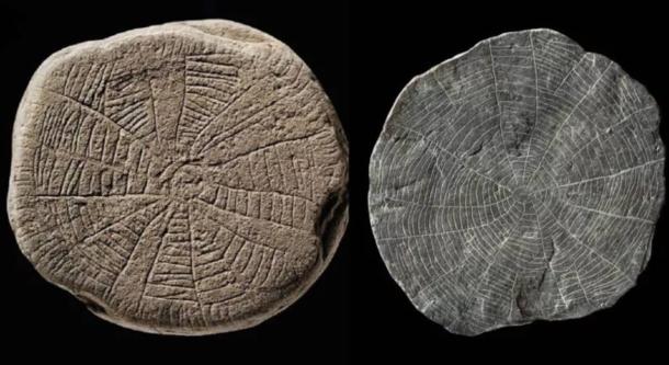 Two sun stones found on the Danish island of Bornholm in the Baltic Sea. The prehistoric artifacts are small, flat, shale pieces with finely incised patterns and sun motifs.