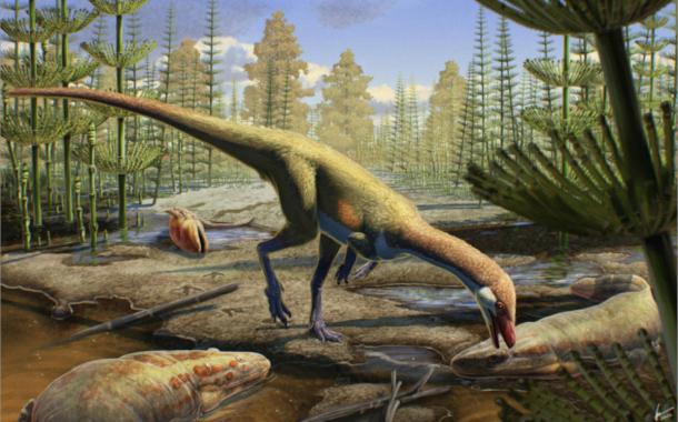 An artist’s rendering shows how Ahvaytum bahndooiveche may have appeared in a habitat dating to around 230 million years ago.