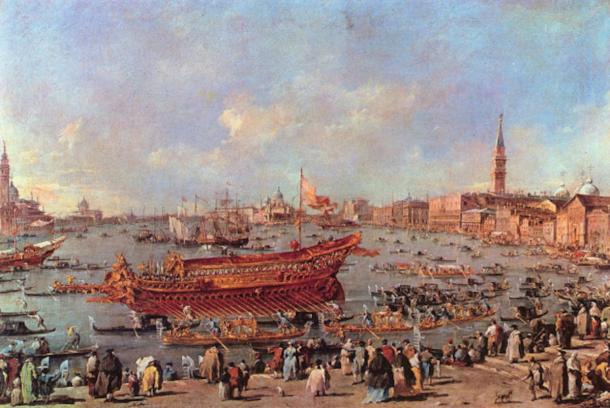 Painting of the launch of a ship in Venice by Francesco Guardi (1712-1793) called ‘The Departure of the Bucentaur, at the Lido.’