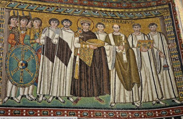 Sixth century mosaic of Emperor Justinian and his court in the Basilica of San Vitale in Ravenna.