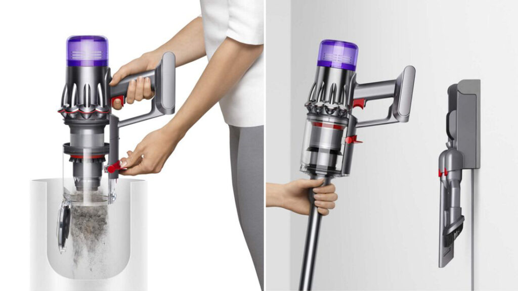 Dyson Digital Slim cordless vacuum having its dust cup emptied (left) and being docked on a wall (right)