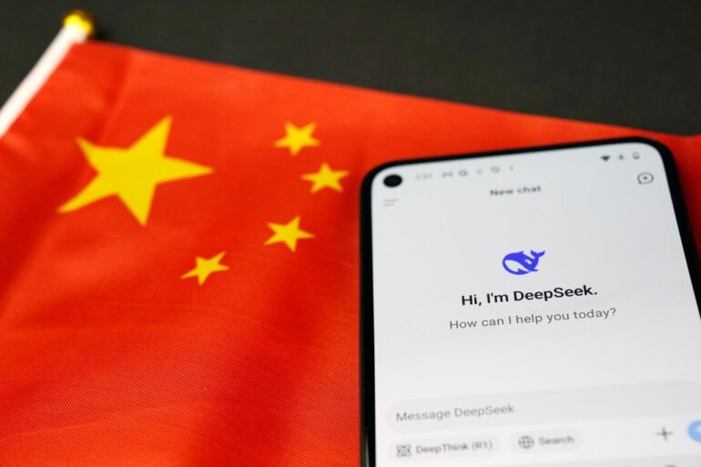 Smartphone displaying the logo of Chinese artificial intelligence application Deepseek