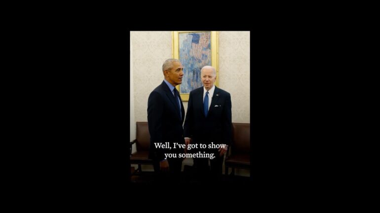 President Biden shows President Obama his Oval Office in April 2022.