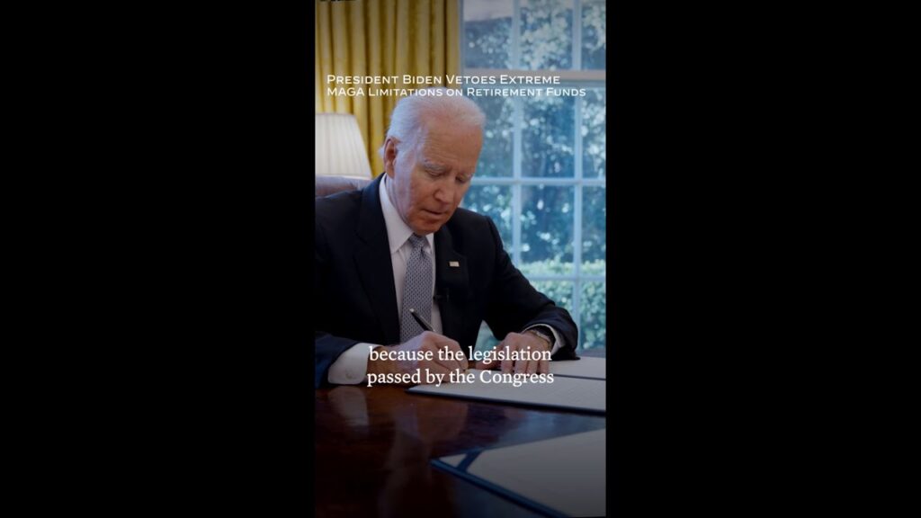 President Biden vetoes his first bill, protecting Americans' retirement funds, in March 2023.