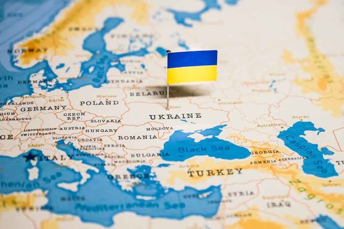 Ukrainian flag on map of Europe and Asia.