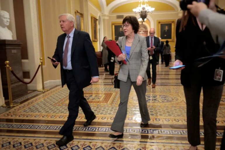 WASHINGTON, DC - FEBRUARY 20: Senate Budget Committee Chairman Lindsey Graham (R-SC) (L) and Sen. Susan Collins (R-ME) moves between meetings at the U.S. Capitol on February 20, 2025 in Washington, DC. The Senate is set to begin a marathon vote on a large number of amendments, called a "Vote-A-Rama," that will be attached Graham's proposed budget. “The president prefers one big, beautiful bill — so do I,” Graham told reporters. “But you always need a Plan B around here.” (Photo by Chip Somodevilla/Getty Images)