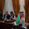 Jordan's Foreign Minister Ayman Safadi (L) and Saudi Minister of Foreign Afairs Faisal bin Farhan (R) take part in a meeting with ministers from Egypt, Qatar and the UAE, to discuss US President Donald Trump's proposal for Egypt and Jordan to host Palestinians displaced from the Gaza Strip, in Cairo on February 1, 2025. Trump insisted on January 28 that Egypt and Jordan would take in displaced Gazans, despite the two Arab nations dismissing his plan to move Palestinians from the territory, a day after Egyptian President Abdel Fattah al-Sisi and Jordan's King Abdullah II rejected any forced displacement of Gazans following the war between Hamas and Israel. (Photo by Khaled DESOUKI / AFP) (Photo by KHALED DESOUKI/AFP via Getty Images)