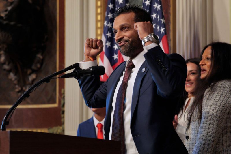 WASHINGTON, DC - FEBRUARY 21: New Federal Bureau of Investigation Director Kash Patel after he was sworn in during a ceremony in the Indian Treaty Room in the Eisenhower Executive Office Building on February 21, 2025 in Washington, DC. Patel was confirmed by the Senate 51-49, with Sen. Susan Collins (R-ME) and Sen. Lisa Murkowski (R-AK) the only Republicans voting to oppose him. Patel has been a hard-line critic of the FBI, the nation’s most powerful law enforcement agency. (Photo by Chip Somodevilla/Getty Images)