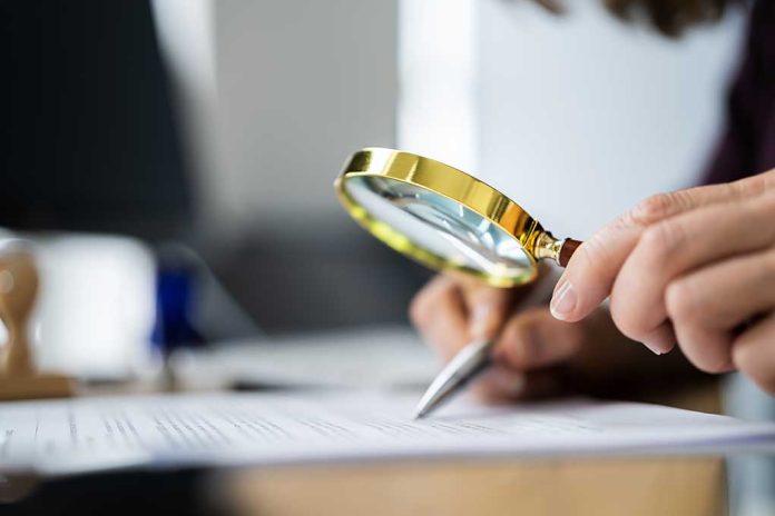 Person examining document with magnifying glass.