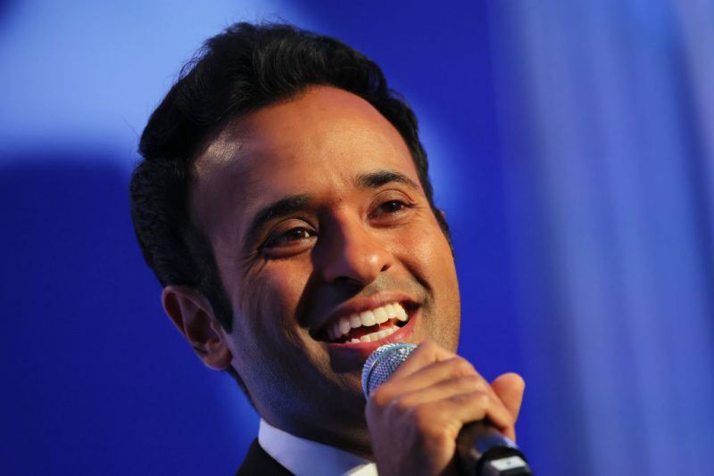 Republican presidential candidate Vivek Ramaswamy speaks during the Moms for Liberty Joyful Warriors national summit at the Philadelphia Marriott Downtown on July 01, 2023 in Philadelphia, Pennsylvania. The self-labeled "parental rights" summit is bringing school board hopefuls from across the country where attendees will receive training and hear from Republican presidential candidates which include former U.S. President Trump, Florida Gov. Ron DeSantis and former South Carolina Gov. Nikki Haley. The summit, which is being held in an overwhelmingly Democratic Philadelphia, have drawn protestors since the event was announced due to their pushing of book bans accusing schools of ideological overreach, including teaching about race, gender, and sexuality. (Photo by Michael M. Santiago/Getty Images)