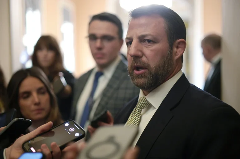 WASHINGTON, DC - FEBRUARY 18: U.S. Sen. Markwayne Mullin (R-OK) speaks to members of the press prior to a vote at the U.S. Capitol on February 18, 2025 in Washington, DC. The U.S. Senate has advanced President Donald Trump’s nominee Kash Patel to be the director of the FBI after a procedural vote. (Photo by Alex Wong/Getty Images)