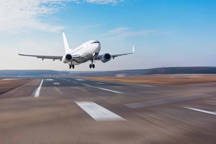 Airplane landing on runway under clear blue sky