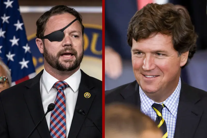 L| Rep. Dan Crenshaw (R-TX) speaks during a press conference on Capitol Hill on June 26, 2024 in Washington, DC. Republicans in the House are attempting to hold Attorney General Derrick Garland in contempt of Congress after he advised that President Biden assert Executive Privilege over the audio and video records of his interview with Special Counsel Robert Hur. (Photo by Samuel Corum/Getty Images) R| Political commentator Tucker Carlson attends the inauguration ceremony of US President-elect Donald Trump in the US Capitol Rotunda in Washington, DC, on January 20, 2025. (Photo by SHAWN THEW / POOL / AFP) (Photo by SHAWN THEW/POOL/AFP via Getty Images)