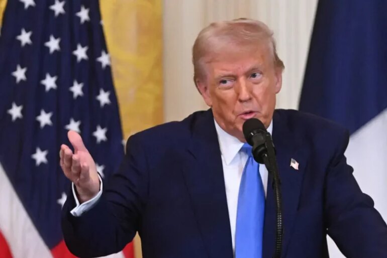 US President Donald Trump speaks during a joint press conference with French President Emmanuel Macron in the East Room to the White House in Washington, DC, on February 24, 2025. (Photo by ROBERTO SCHMIDT / AFP) (Photo by ROBERTO SCHMIDT/AFP via Getty Images)