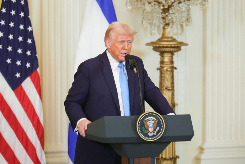 U.S. President Donald Trump speaks during a press conference with Israeli Prime Minister Benjamin Netanyahu in the East Room of the White House in Washington, D.C. on February 4, 2025. (Photo by Bryan Dozier / Middle East Images / Middle East Images via AFP) (Photo by BRYAN DOZIER/Middle East Images/AFP via Getty Images)